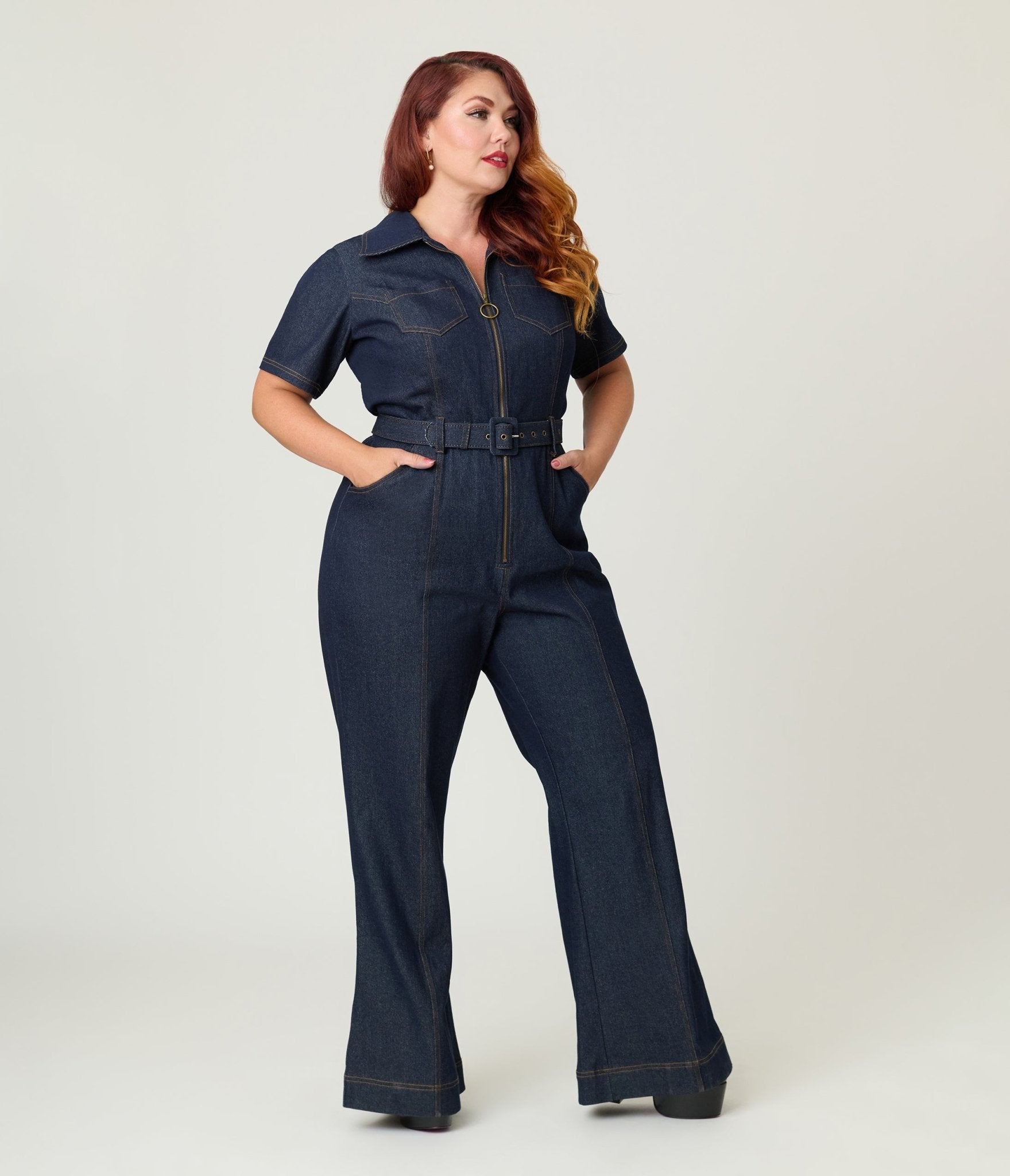 Unique Vintage Plus Size Dark Denim Belted Jumpsuit - Unique Vintage - Womens, BOTTOMS, ROMPERS AND JUMPSUITS