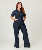 Unique Vintage Plus Size Dark Denim Belted Jumpsuit - Unique Vintage - Womens, BOTTOMS, ROMPERS AND JUMPSUITS