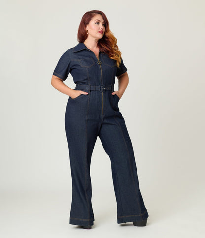 Unique Vintage Plus Size Dark Denim Belted Jumpsuit - Unique Vintage - Womens, BOTTOMS, ROMPERS AND JUMPSUITS