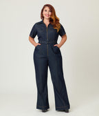 Unique Vintage Plus Size Dark Denim Belted Jumpsuit - Unique Vintage - Womens, BOTTOMS, ROMPERS AND JUMPSUITS