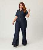 Unique Vintage Plus Size Dark Denim Belted Jumpsuit - Unique Vintage - Womens, BOTTOMS, ROMPERS AND JUMPSUITS