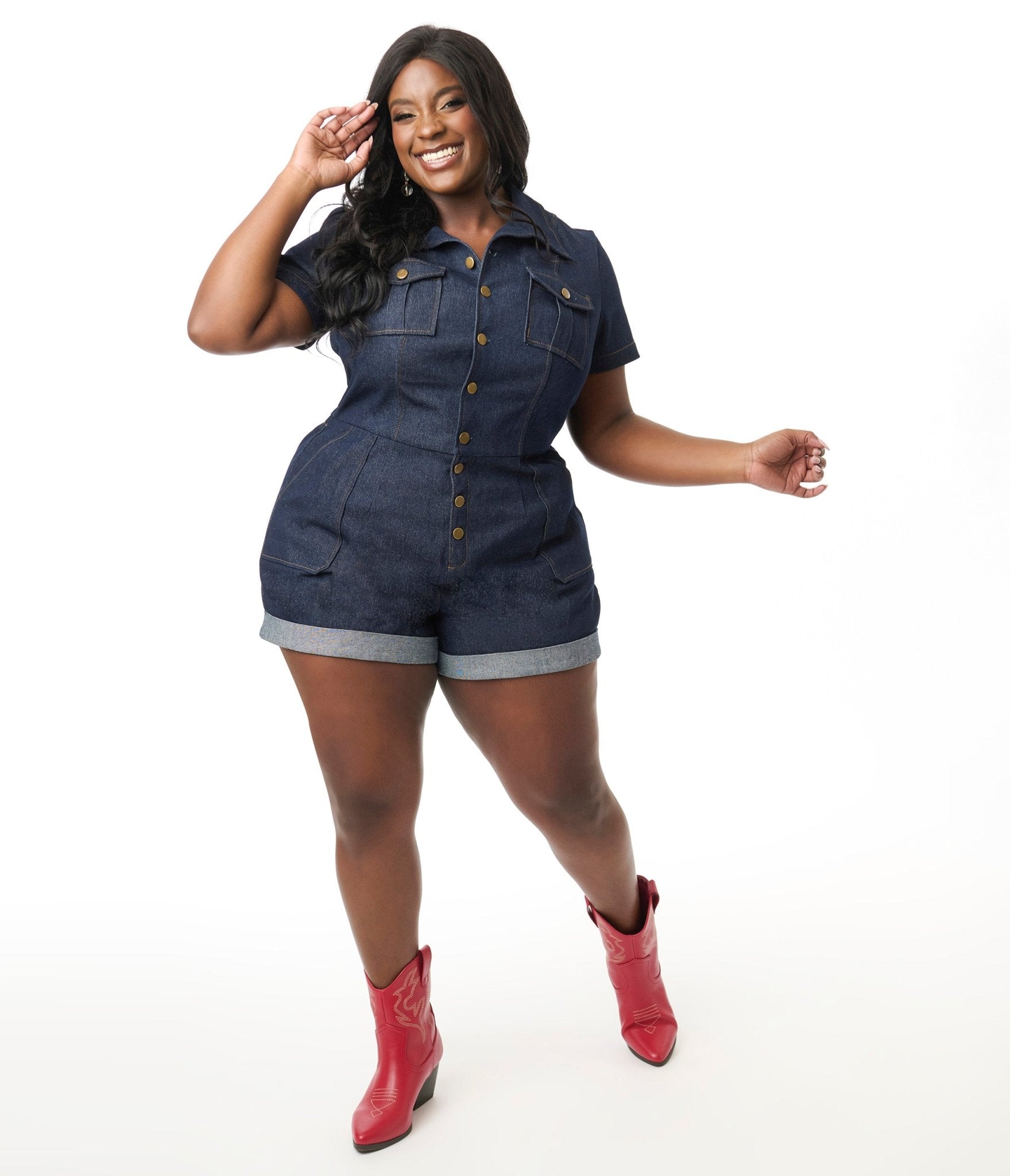 Unique Vintage Plus Size Dark Denim Garage Style Romper