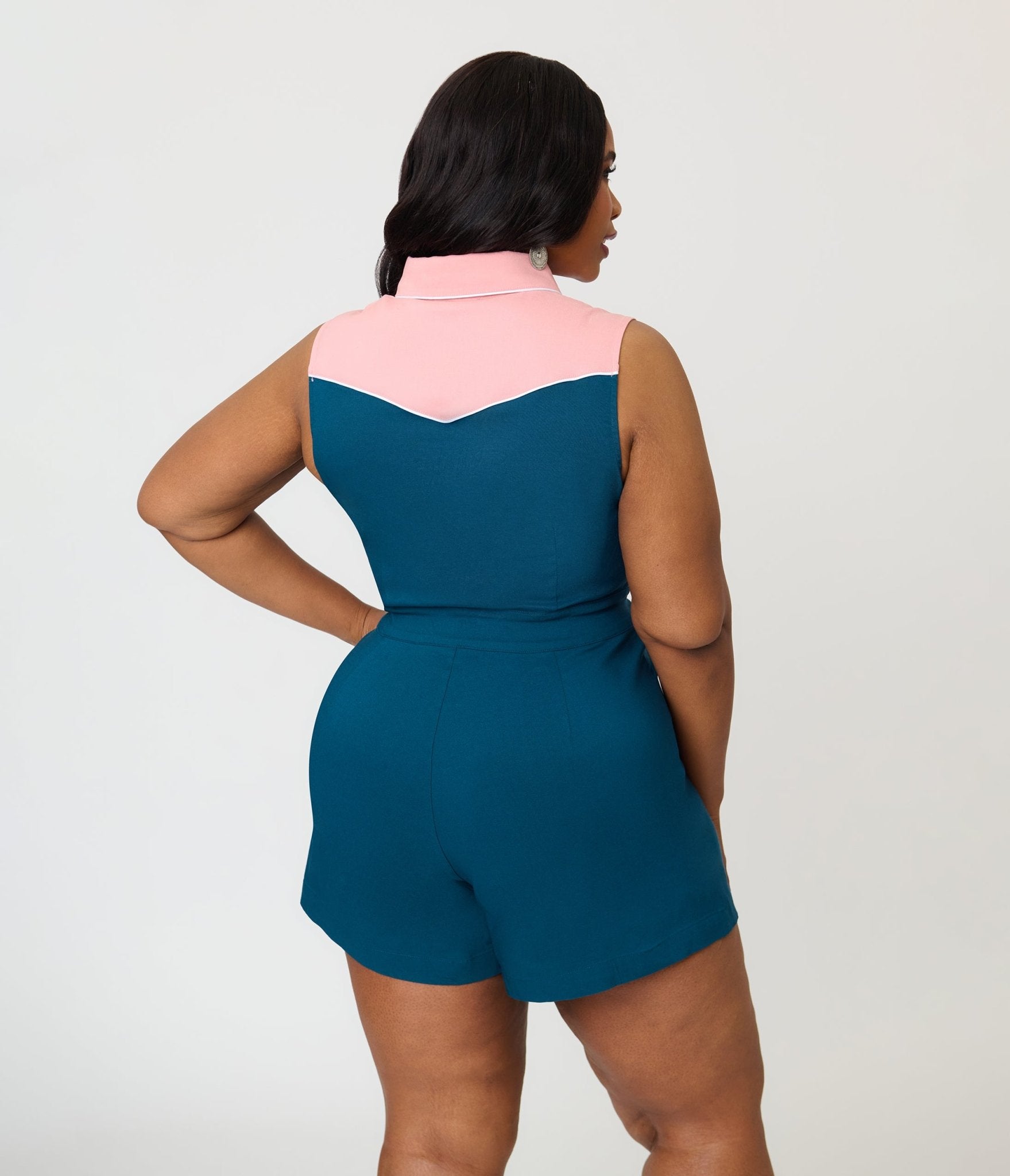 Unique Vintage Plus Size Dark Teal & Pink Rodeo Ready Romper - Unique Vintage - Womens, BOTTOMS, ROMPERS AND JUMPSUITS