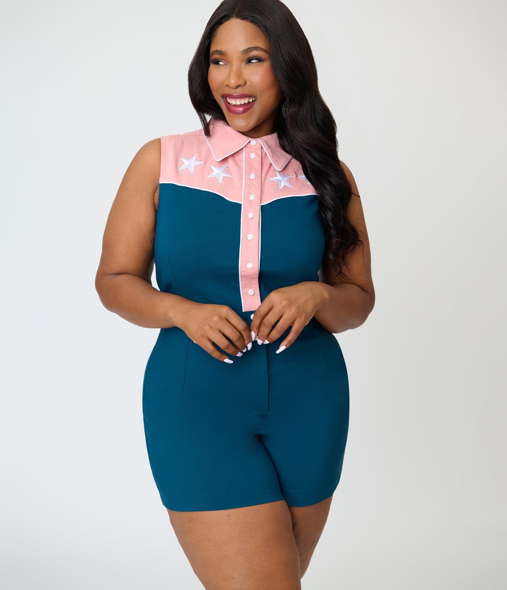 Unique Vintage Plus Size Dark Teal & Pink Rodeo Ready Romper - Unique Vintage - Womens, BOTTOMS, ROMPERS AND JUMPSUITS