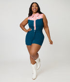 Unique Vintage Plus Size Dark Teal & Pink Rodeo Ready Romper - Unique Vintage - Womens, BOTTOMS, ROMPERS AND JUMPSUITS