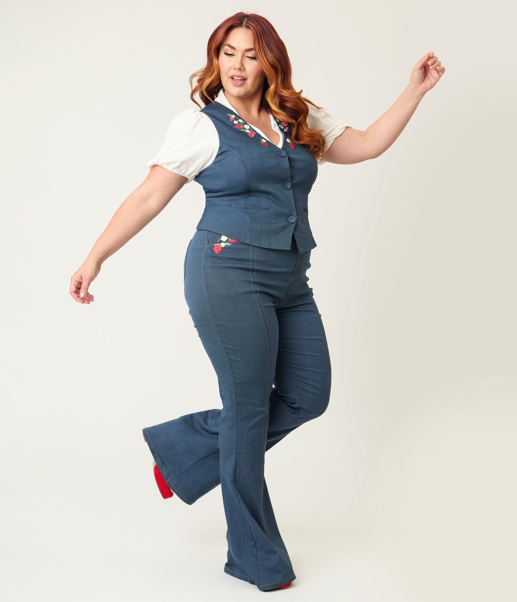 Unique Vintage Plus Size Denim Strawberry Embroidered Flare Pants - Unique Vintage - Womens, BOTTOMS, JEANS