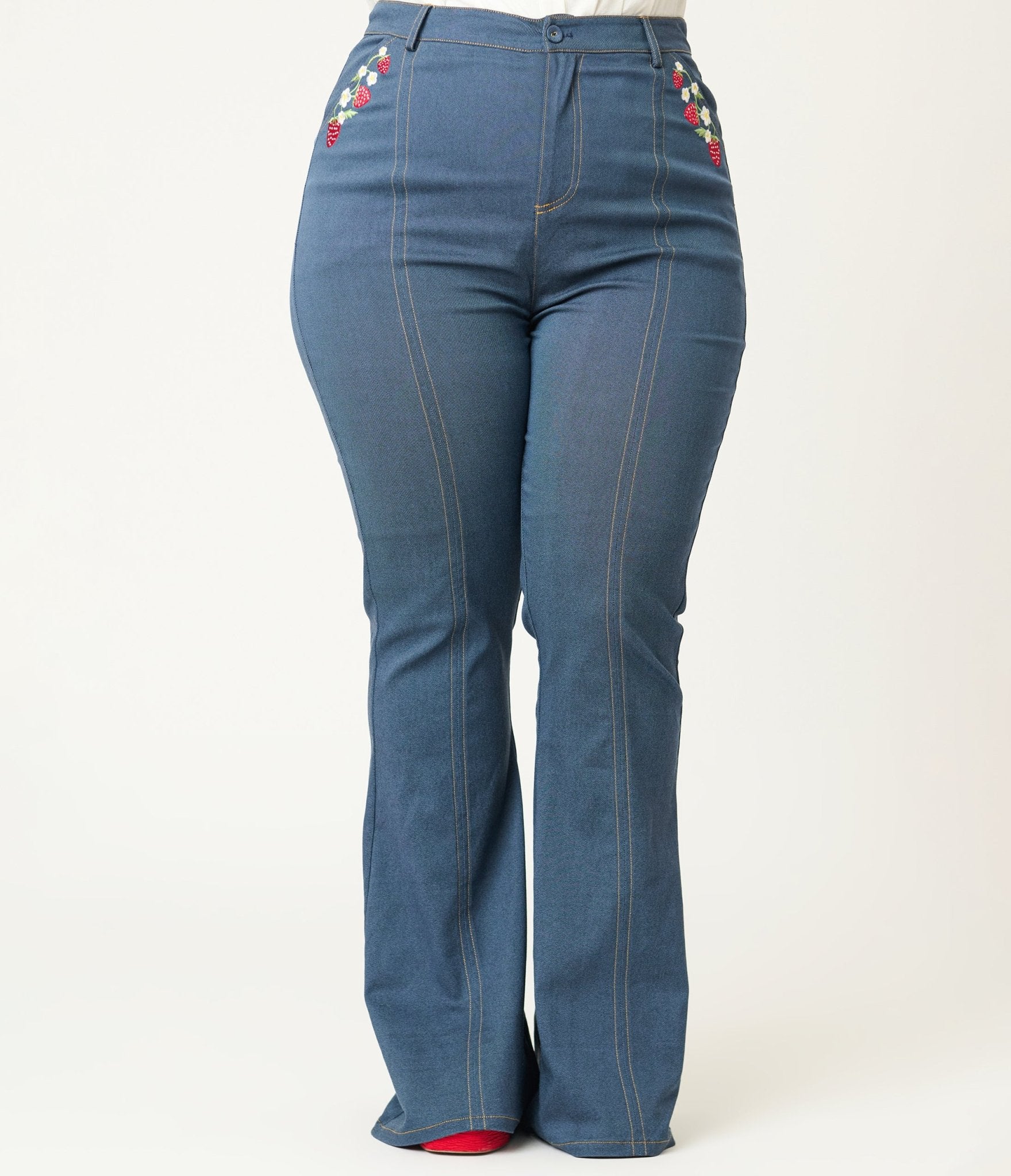 Unique Vintage Plus Size Denim Strawberry Embroidered Flare Pants - Unique Vintage - Womens, BOTTOMS, JEANS