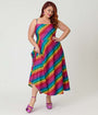 Unique Vintage Plus Size Diagonal Rainbow Stripe Spaghetti Strap Midi Dress