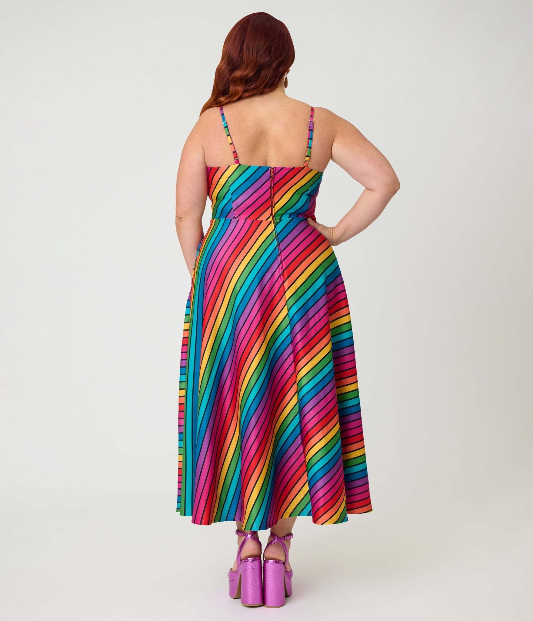 Unique Vintage Plus Size Diagonal Rainbow Stripe Spaghetti Strap Midi Dress - Unique Vintage - Womens, DRESSES, SWING
