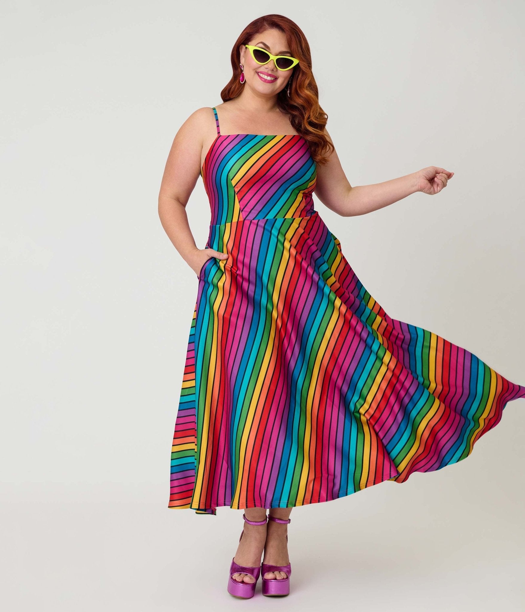 Unique Vintage Plus Size Diagonal Rainbow Stripe Spaghetti Strap Midi Dress - Unique Vintage - Womens, DRESSES, SWING