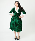 Unique Vintage Plus Size Emerald Crushed Velvet & White Fur Delores Swing Dress - Unique Vintage - Womens, DRESSES, SWING
