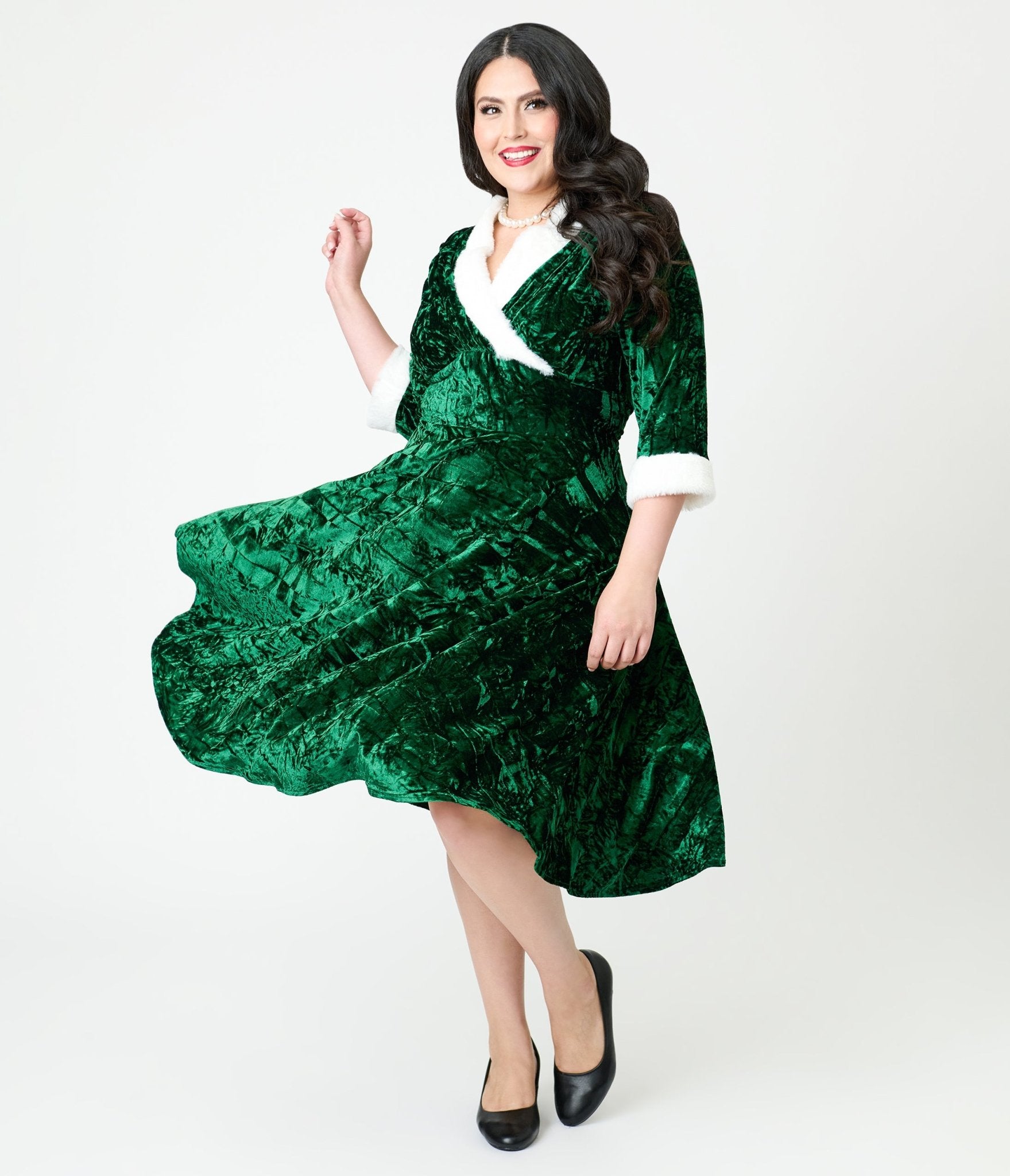 Unique Vintage Plus Size Emerald Crushed Velvet & White Fur Delores Swing Dress - Unique Vintage - Womens, DRESSES, SWING