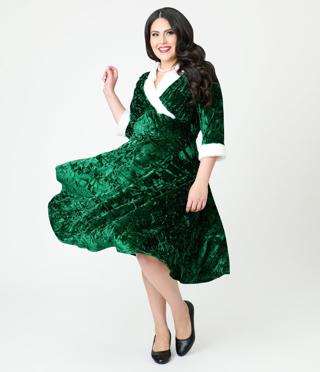 Unique Vintage Plus Size Emerald Crushed Velvet & White Fur Delores Swing Dress - Unique Vintage - Womens, DRESSES, SWING