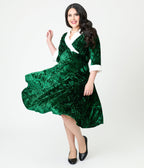 Unique Vintage Plus Size Emerald Crushed Velvet & White Fur Delores Swing Dress - Unique Vintage - Womens, DRESSES, SWING
