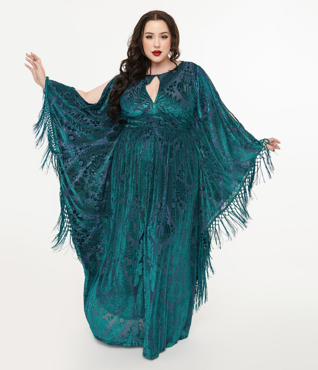 Unique Vintage Plus Size Emerald Floral Fringe Flutter Sleeve Caftan - Unique Vintage - Womens, DRESSES, MAXI