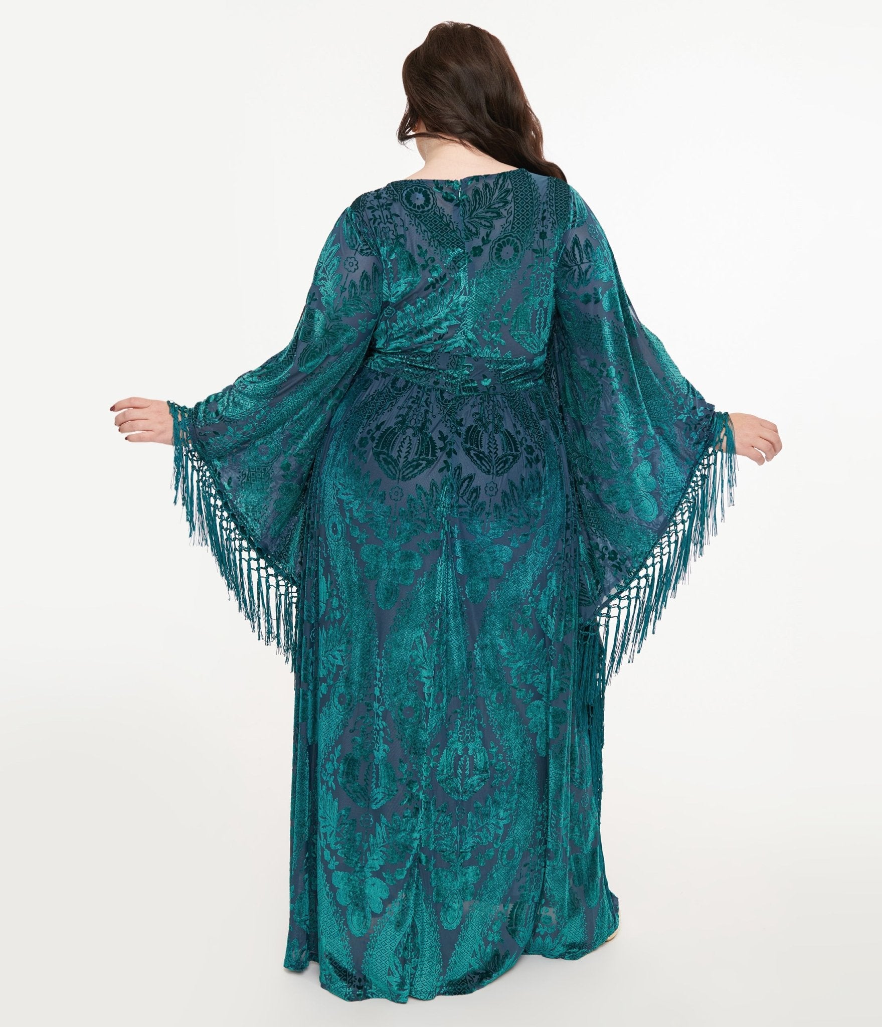 Unique Vintage Plus Size Emerald Floral Fringe Flutter Sleeve Caftan - Unique Vintage - Womens, DRESSES, MAXI