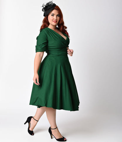 Unique Vintage Plus Size Emerald Green Delores Swing Dress with Sleeves - Unique Vintage - Womens, DRESSES, SWING