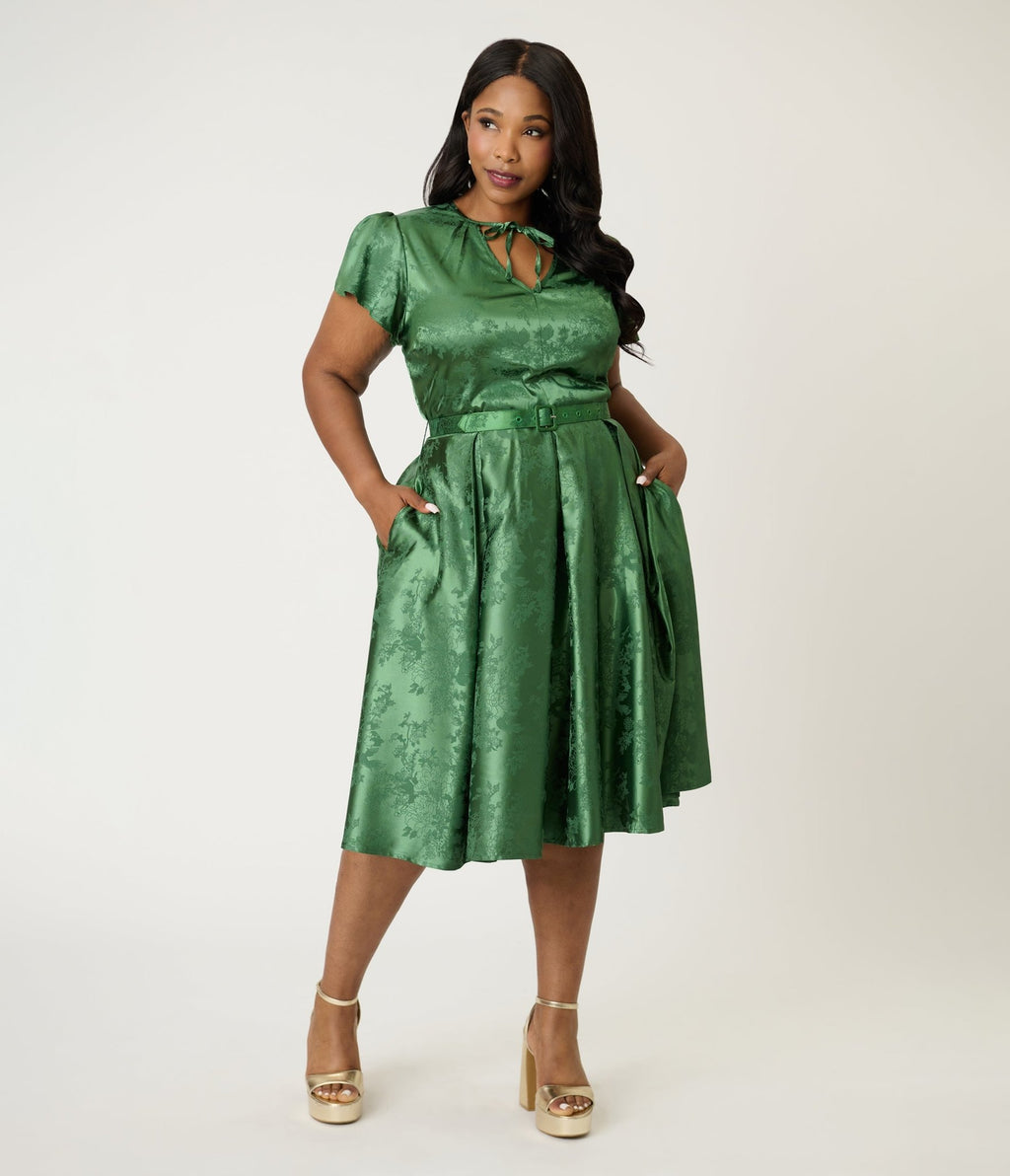 Unique Vintage Plus Size Emerald Green Floral Print Dahlia Swing Dress - Unique Vintage - Womens, DRESSES, SWING