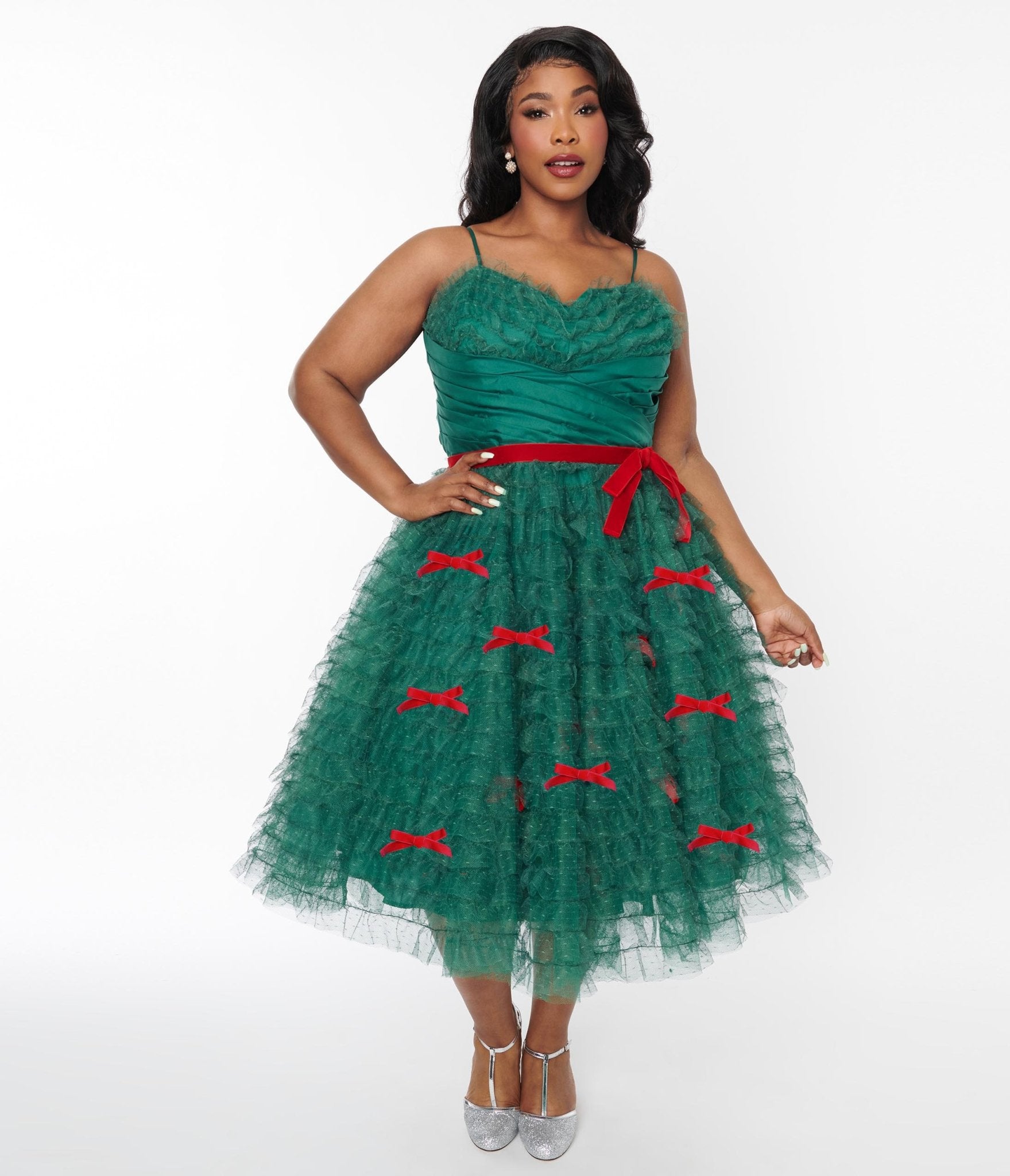 Unique Vintage Plus Size Emerald Green & Red Ribbon Tulle Cupcake Swing Dress - Unique Vintage - DRESSES, SPECIAL OCCASION