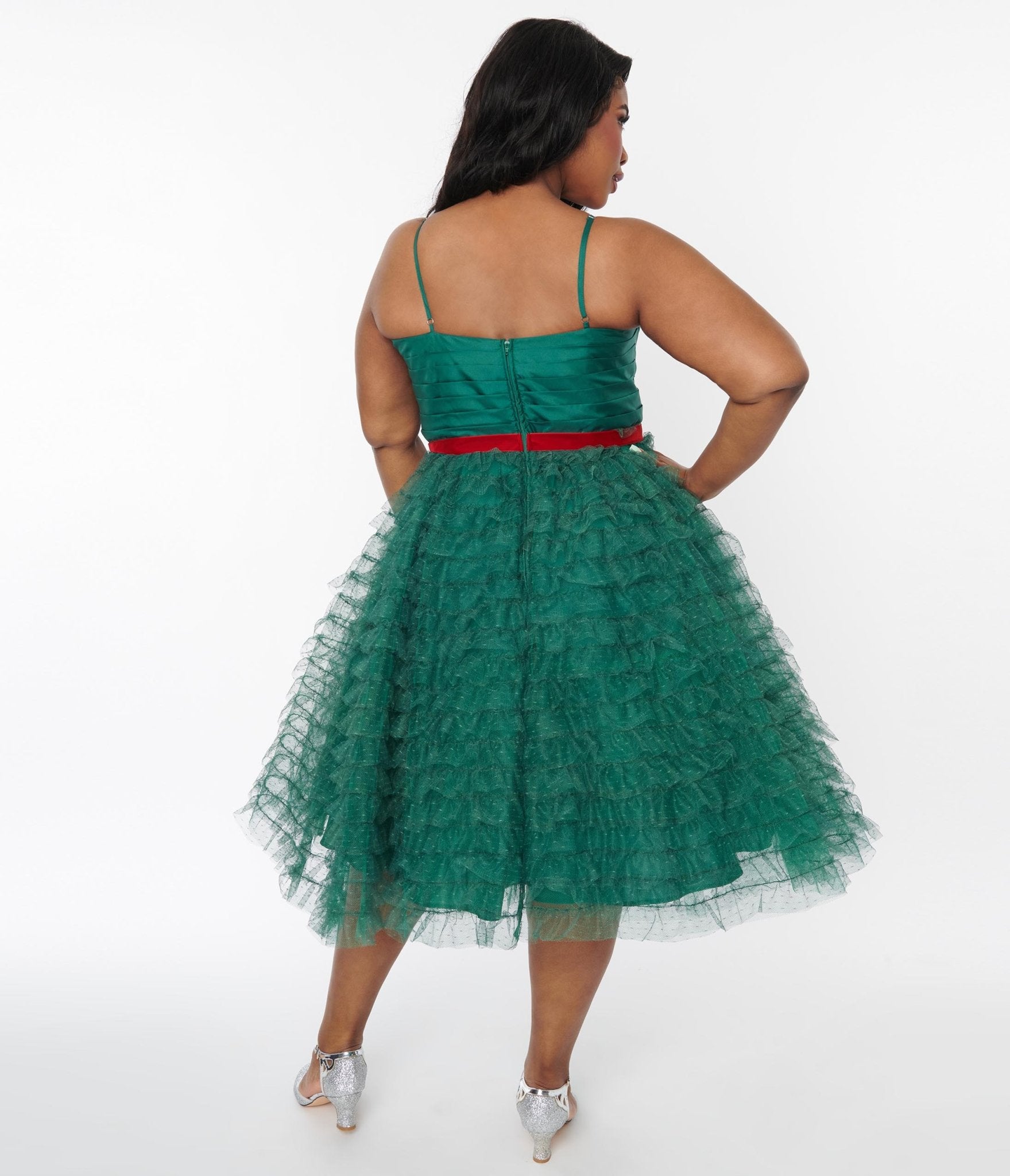 Unique Vintage Plus Size Emerald Green & Red Ribbon Tulle Cupcake Swing Dress - Unique Vintage - DRESSES, SPECIAL OCCASION
