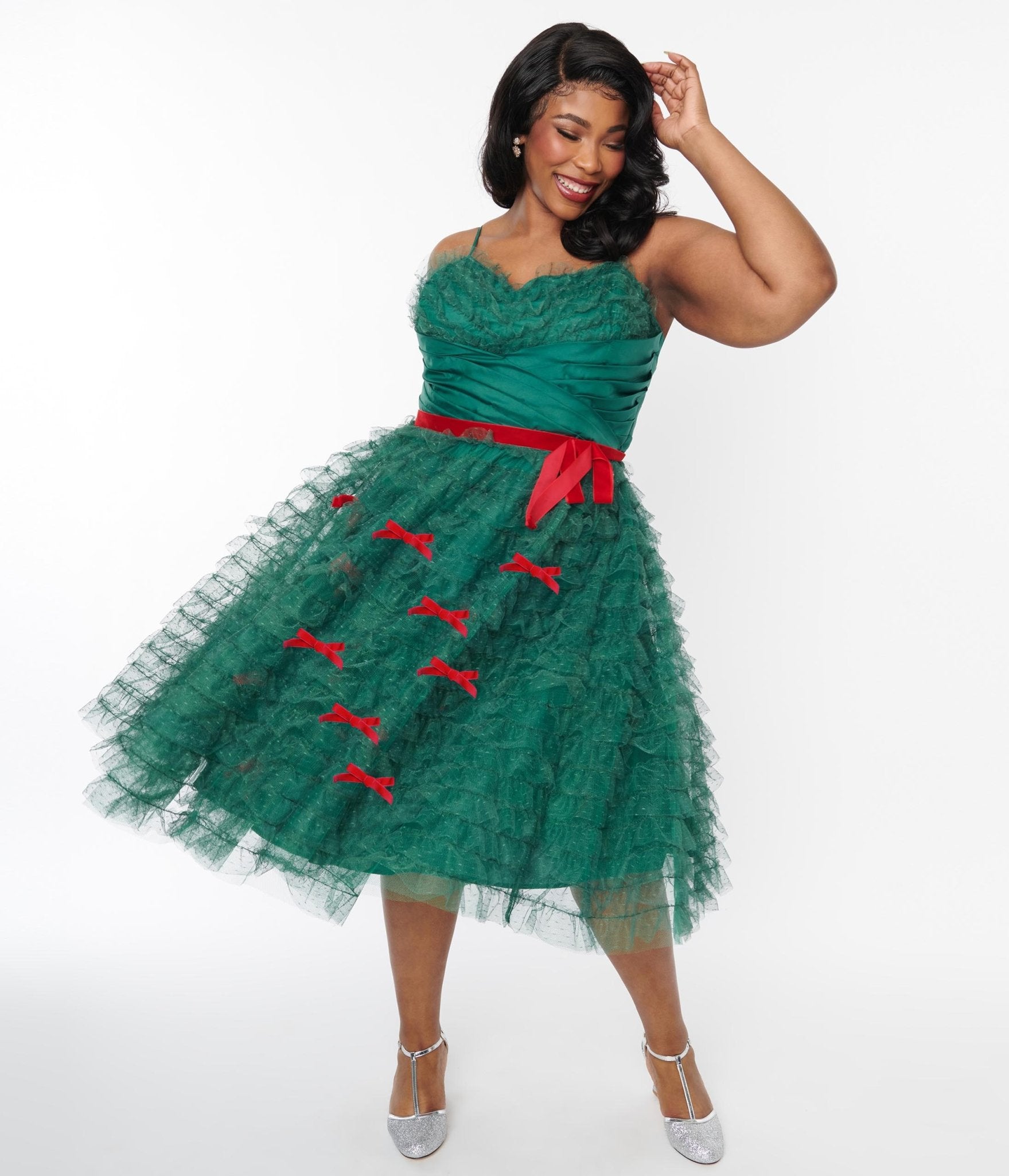 Unique Vintage Plus Size Emerald Green & Red Ribbon Tulle Cupcake Swing Dress - Unique Vintage - DRESSES, SPECIAL OCCASION