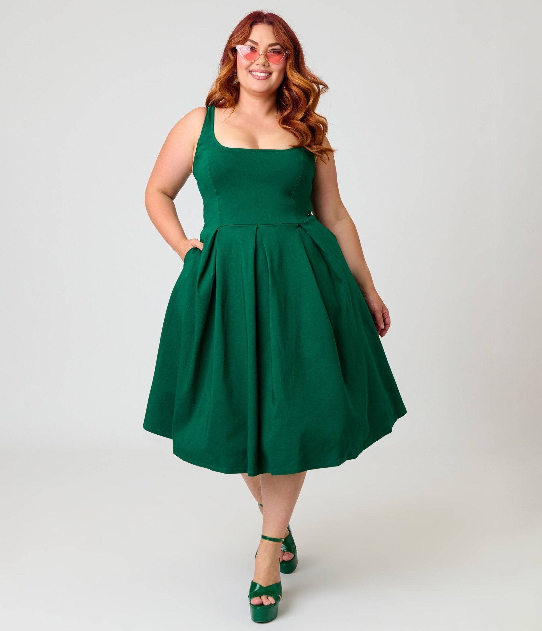 Unique Vintage Plus Size Emerald Green Square Neck Pleated Swing Dress
