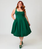 Unique Vintage Plus Size Emerald Green Square Neck Pleated Swing Dress - Unique Vintage - Womens, DRESSES, SWING