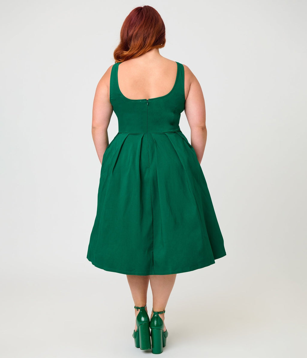 Unique Vintage Plus Size Emerald Green Square Neck Pleated Swing Dress - Unique Vintage - Womens, DRESSES, SWING