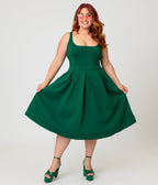 Unique Vintage Plus Size Emerald Green Square Neck Pleated Swing Dress - Unique Vintage - Womens, DRESSES, SWING