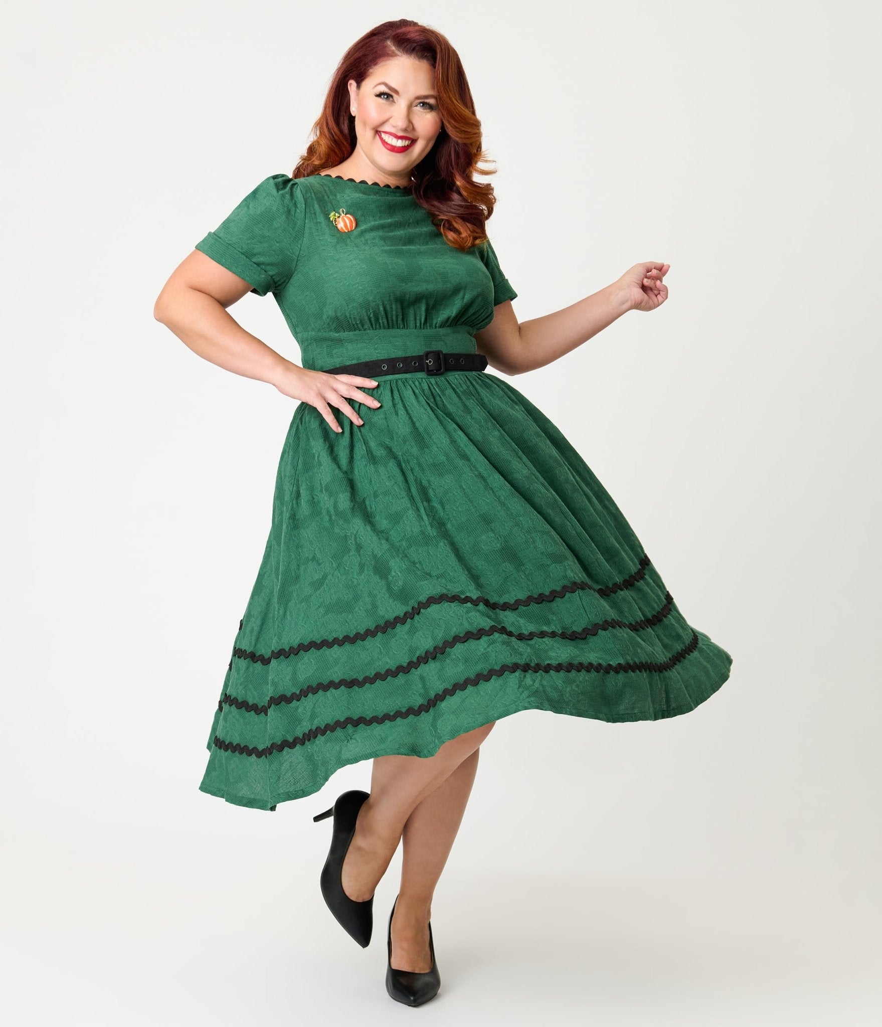 Unique Vintage Plus Size Emerald & Pumpkin Pin Cotton Swing Dress - Unique Vintage - Womens, DRESSES, SWING