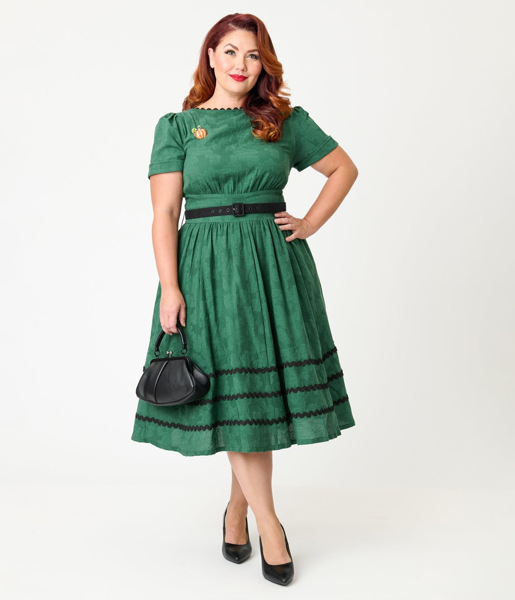 Unique Vintage Plus Size Emerald & Pumpkin Pin Cotton Swing Dress