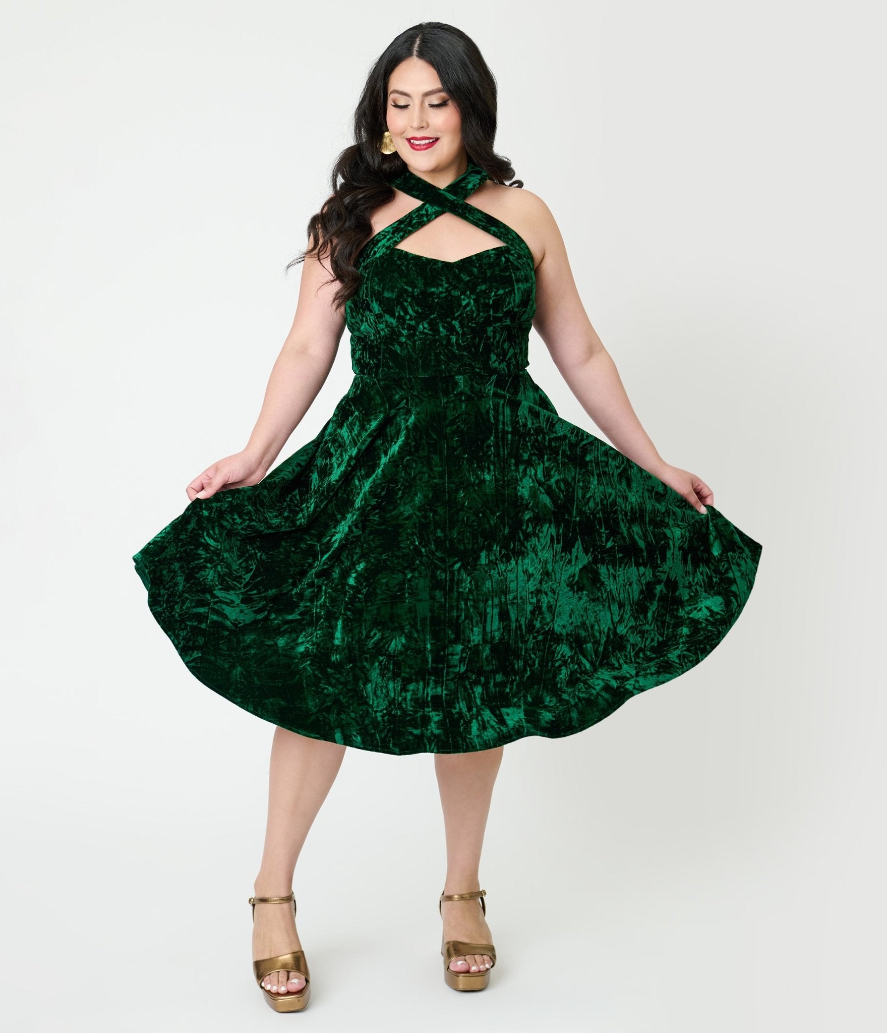 Unique Vintage Plus Size Emerald Velvet Criss Cross Halter Rita Flare Unique Vintage Plus Size Emerald Velvet Criss Cross Halter Rita Flare