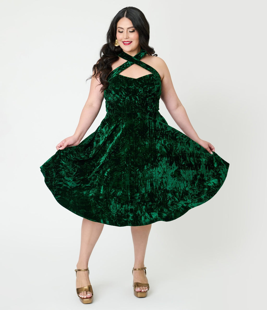 Unique Vintage Plus Size Emerald Velvet Criss Cross Halter Rita Flare