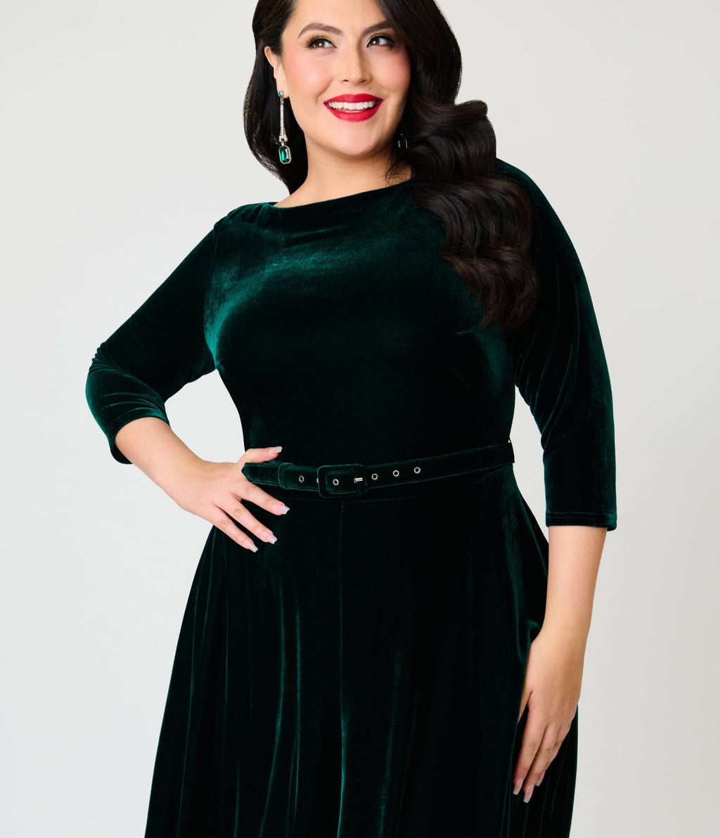 Unique Vintage Plus Size Emerald Velvet Devon Swing Dress - Unique Vintage - Swing Dresses