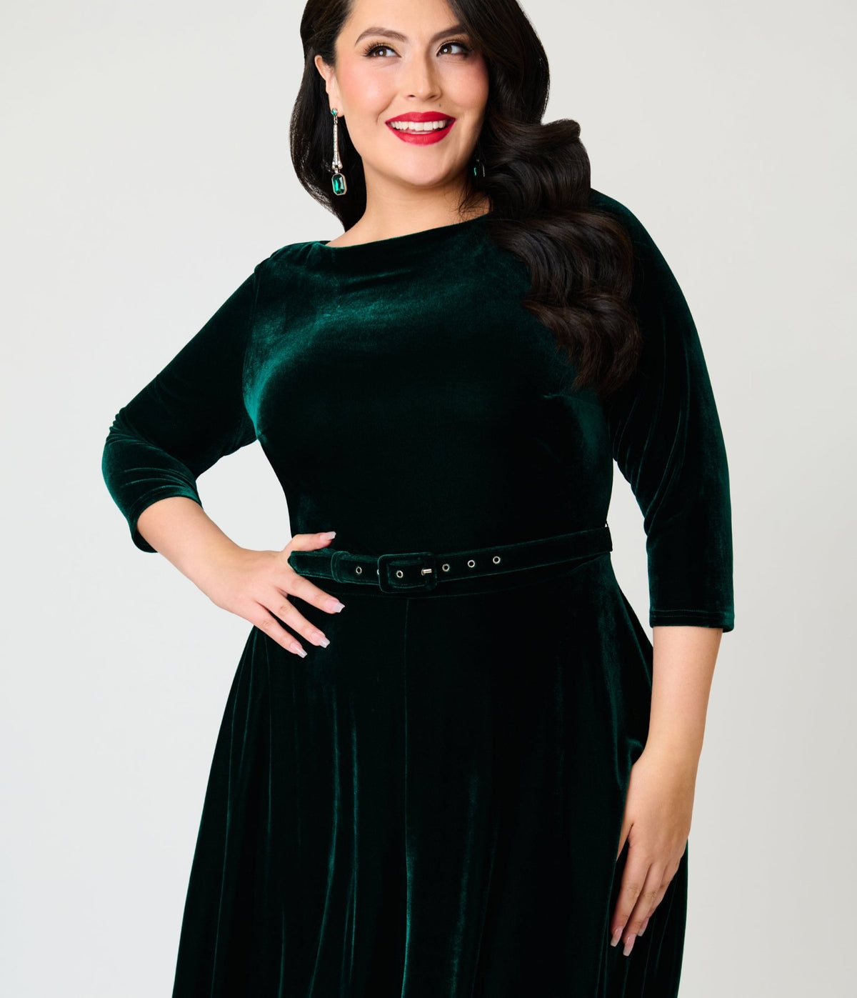 Unique Vintage Plus Size Emerald Velvet Devon Swing Dress - Unique Vintage - Swing Dresses