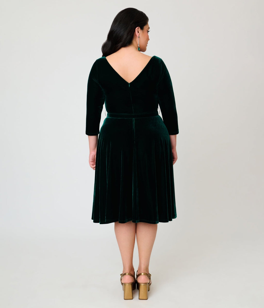 Unique Vintage Plus Size Emerald Velvet Devon Swing Dress - Unique Vintage - Swing Dresses