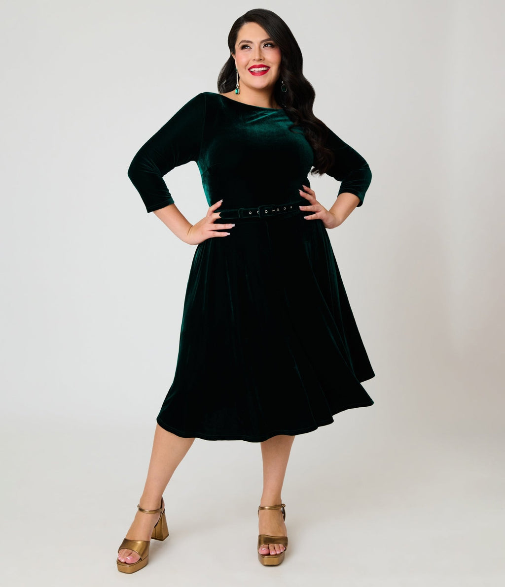 Unique Vintage Plus Size Emerald Velvet Devon Swing Dress - Unique Vintage - Swing Dresses