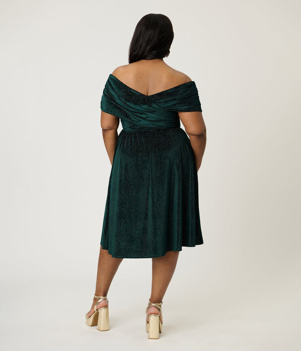 emerald green velvet dress plus size Velvet Ruffles Sleeve Stretchy Double V-Neck A-Line Evening Dress