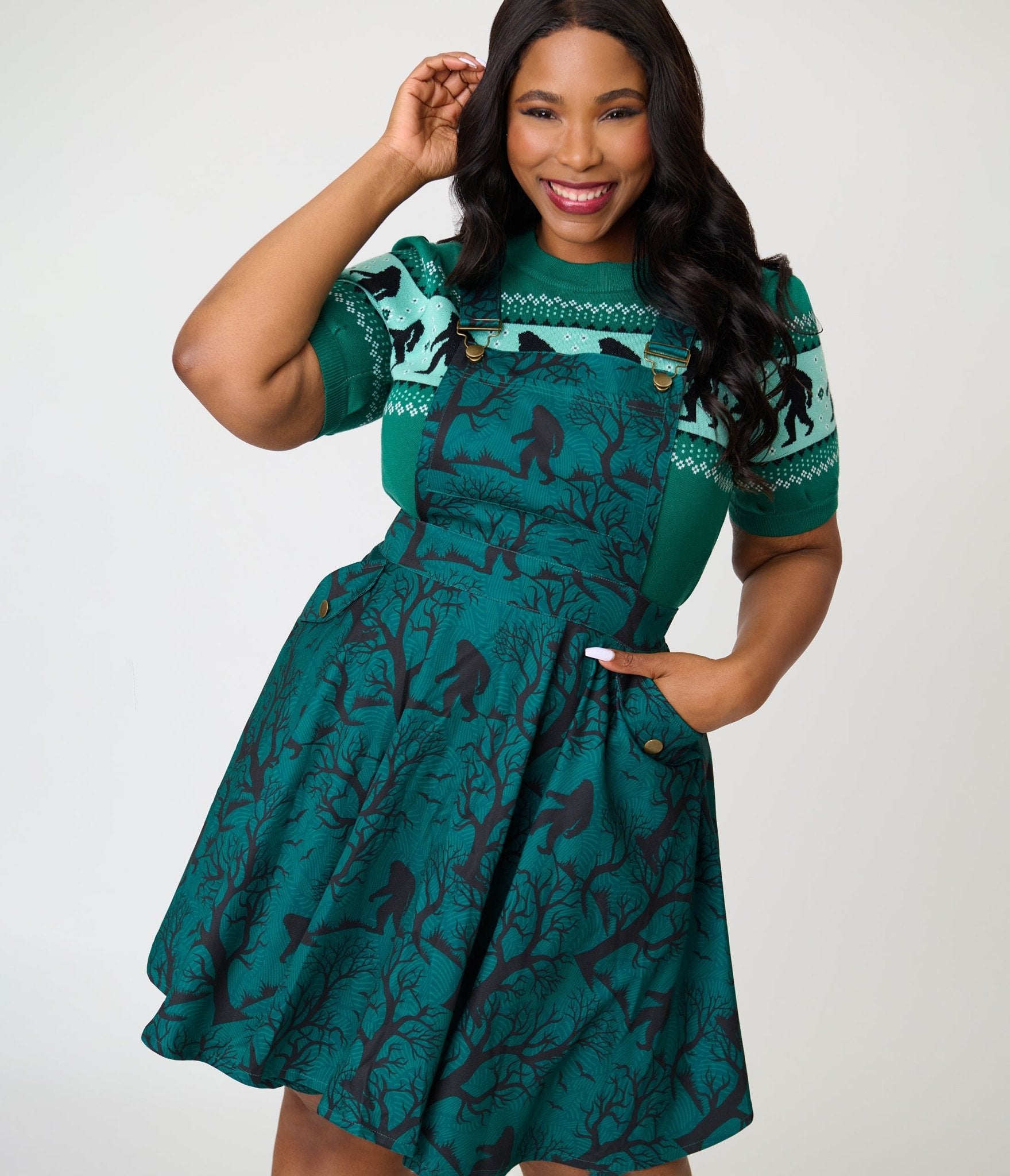 Unique Vintage Plus Size Forest Green Sasquatch Brionne Pinafore Skirt - Unique Vintage - Womens, BOTTOMS, SKIRTS