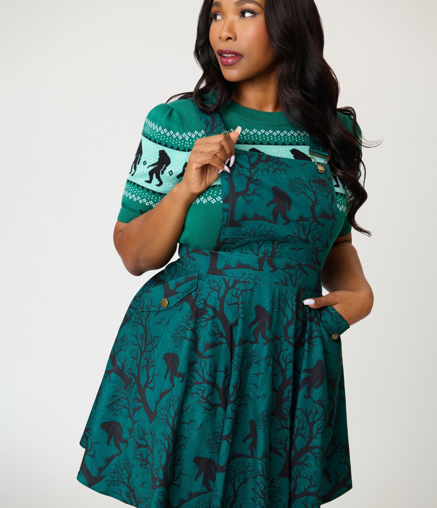 Unique Vintage Plus Size Forest Green Sasquatch Brionne Pinafore Skirt - Unique Vintage - Womens, BOTTOMS, SKIRTS