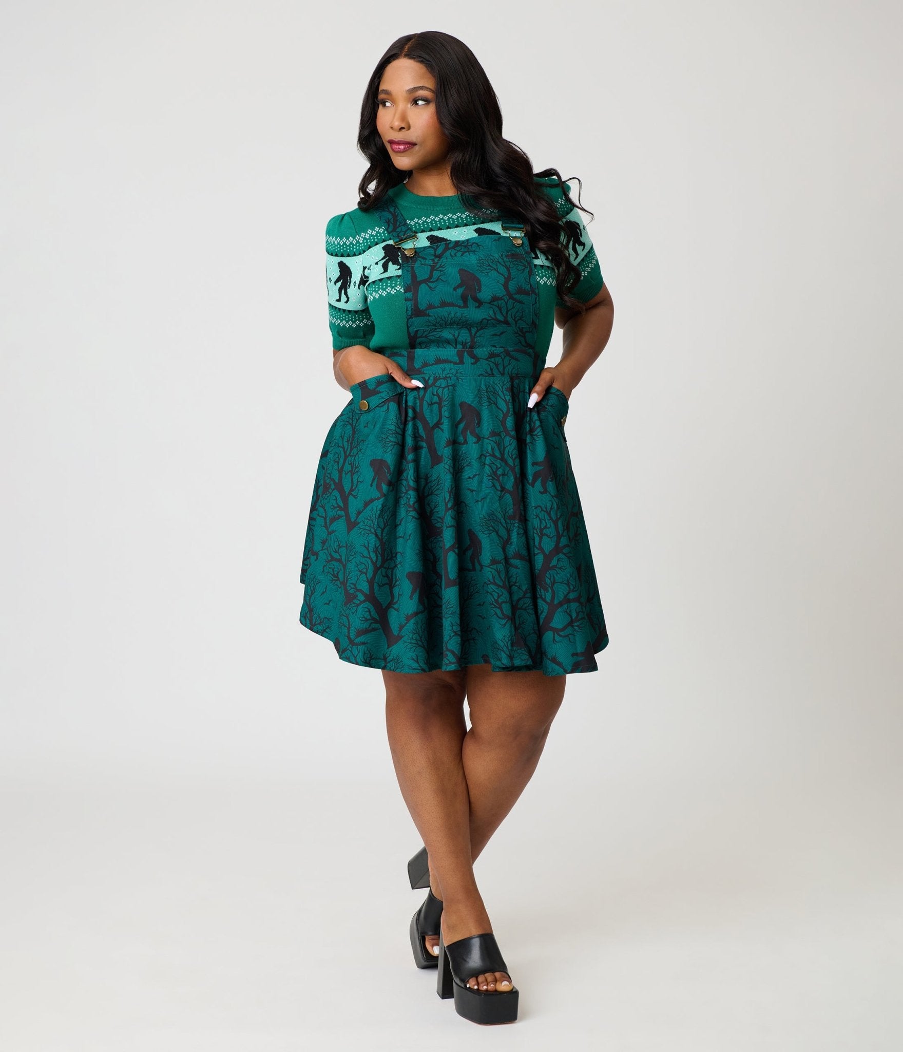 Unique Vintage Plus Size Forest Green Sasquatch Brionne Pinafore Skirt