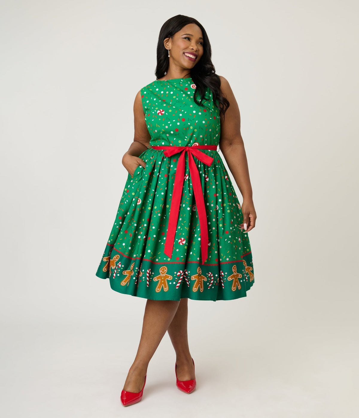 Unique Vintage Plus Size Gingerbread Man Border Print Sleeveless Cotto
