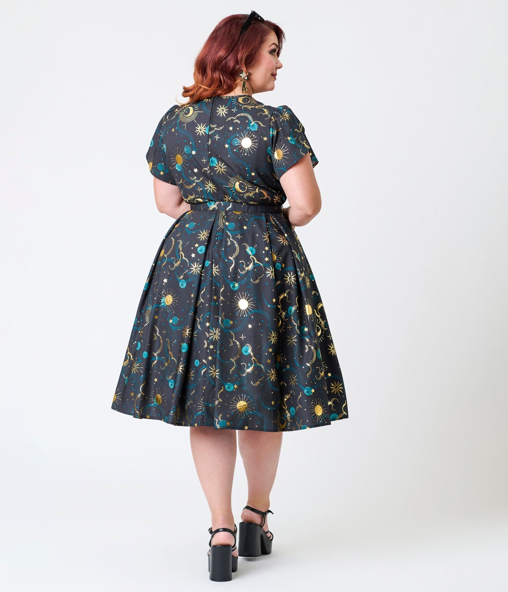 Unique Vintage Plus Size Gold Foil Celestial Dahlia Swing Dress - Unique Vintage - Womens, DRESSES, SWING