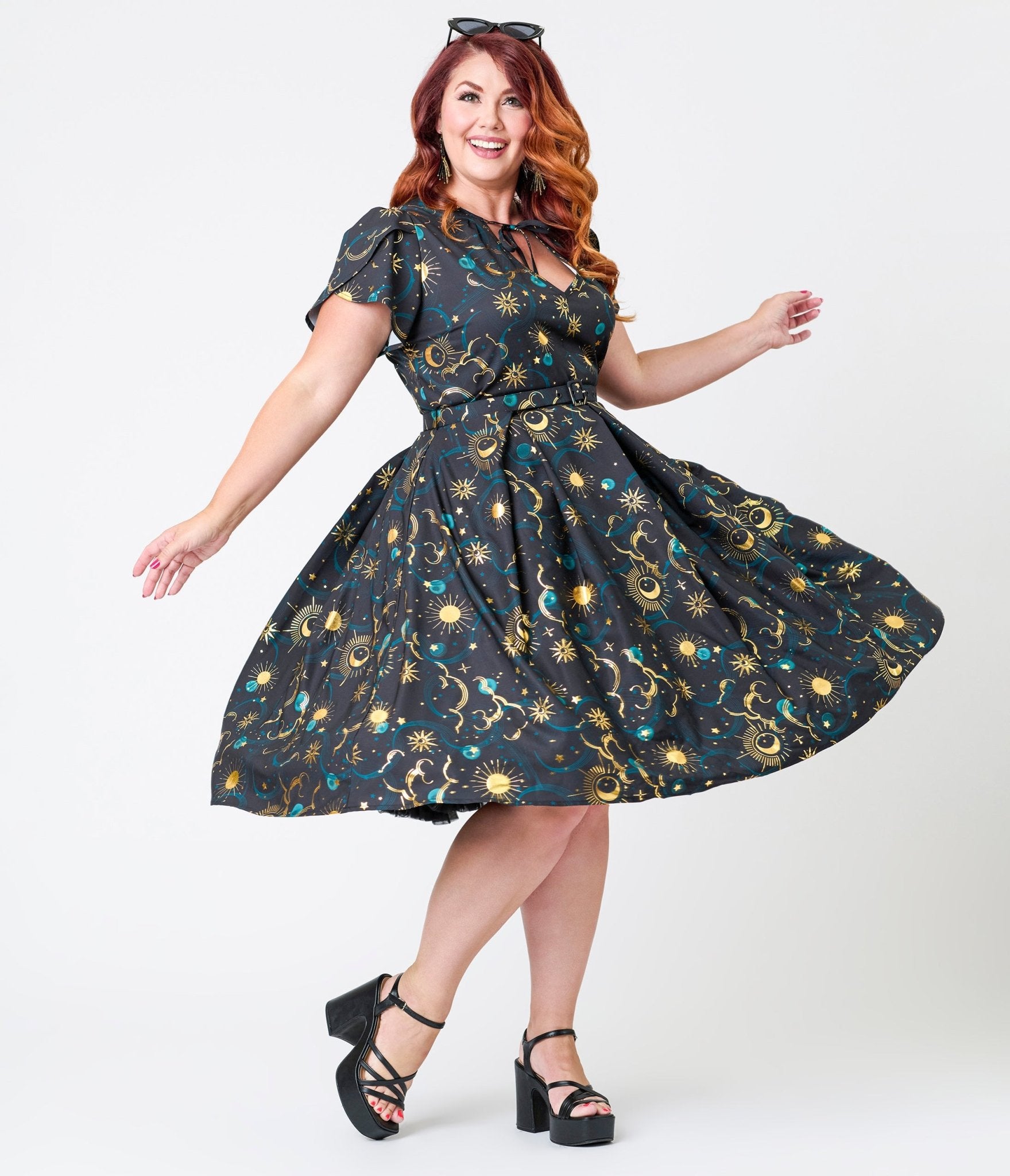 Unique Vintage Plus Size Gold Foil Celestial Dahlia Swing Dress - Unique Vintage - Womens, DRESSES, SWING