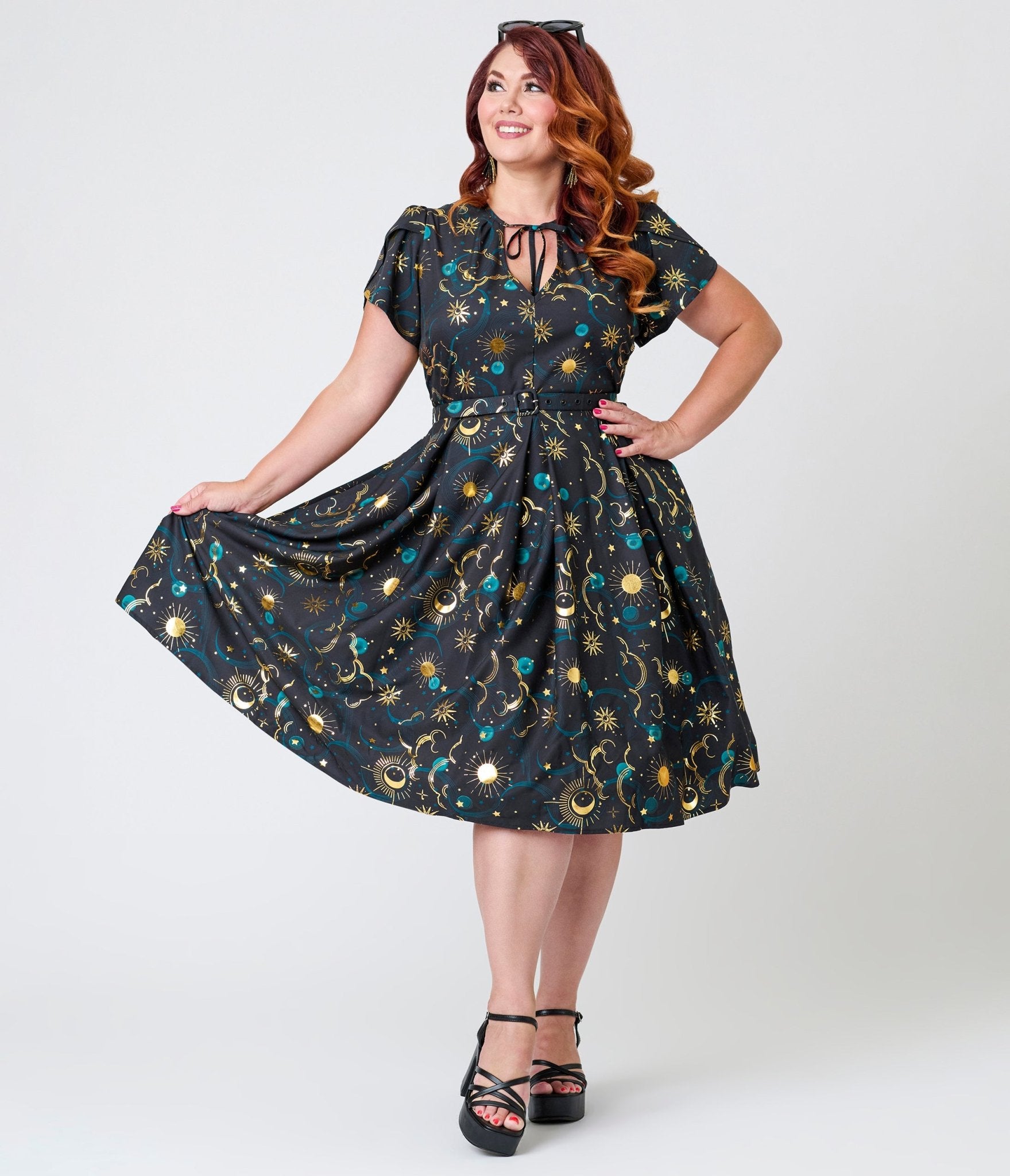 Unique Vintage Plus Size Gold Foil Celestial Dahlia Swing Dress - Unique Vintage - Womens, DRESSES, SWING