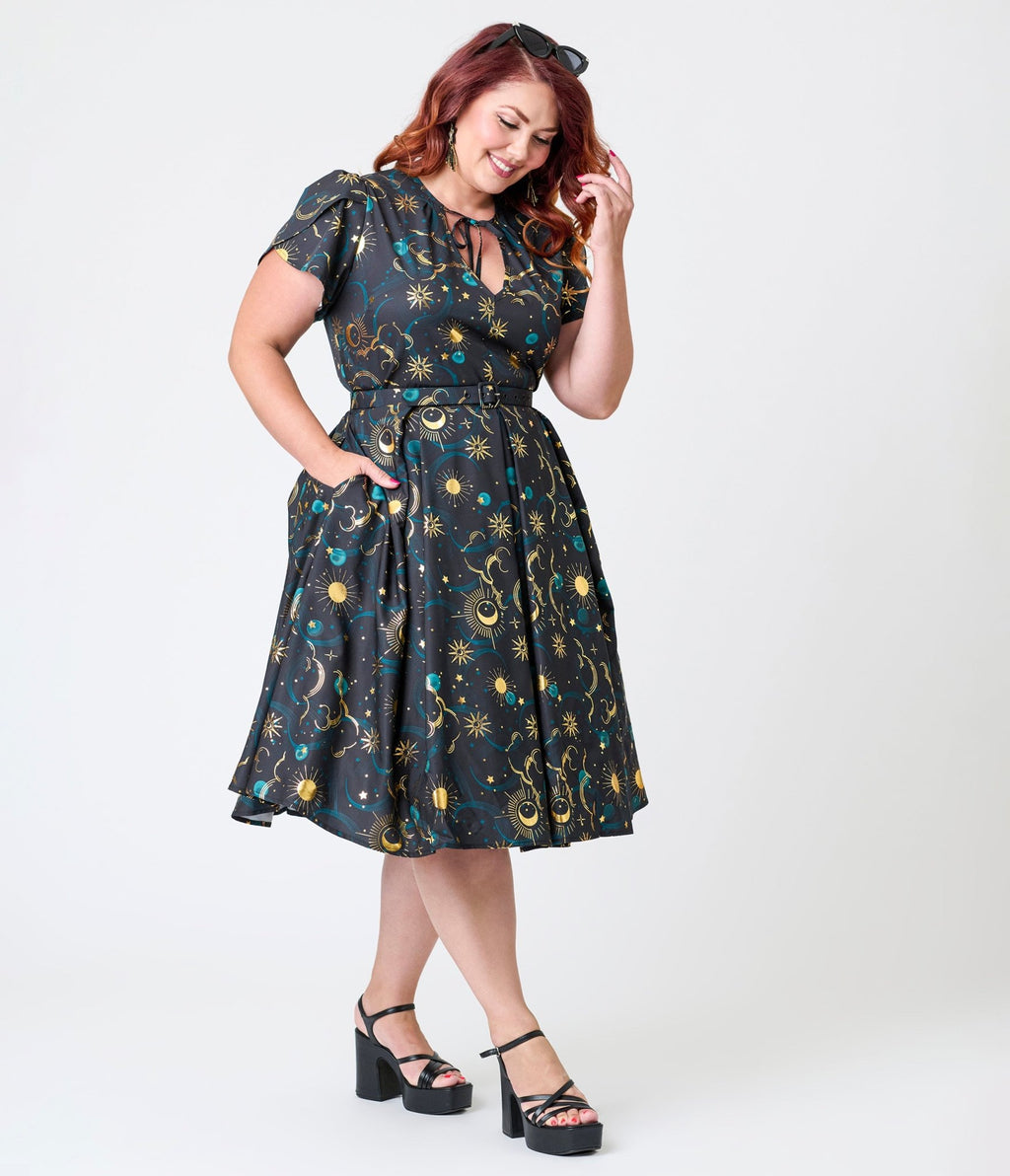 Unique Vintage Plus Size Gold Foil Celestial Dahlia Swing Dress - Unique Vintage - Womens, DRESSES, SWING