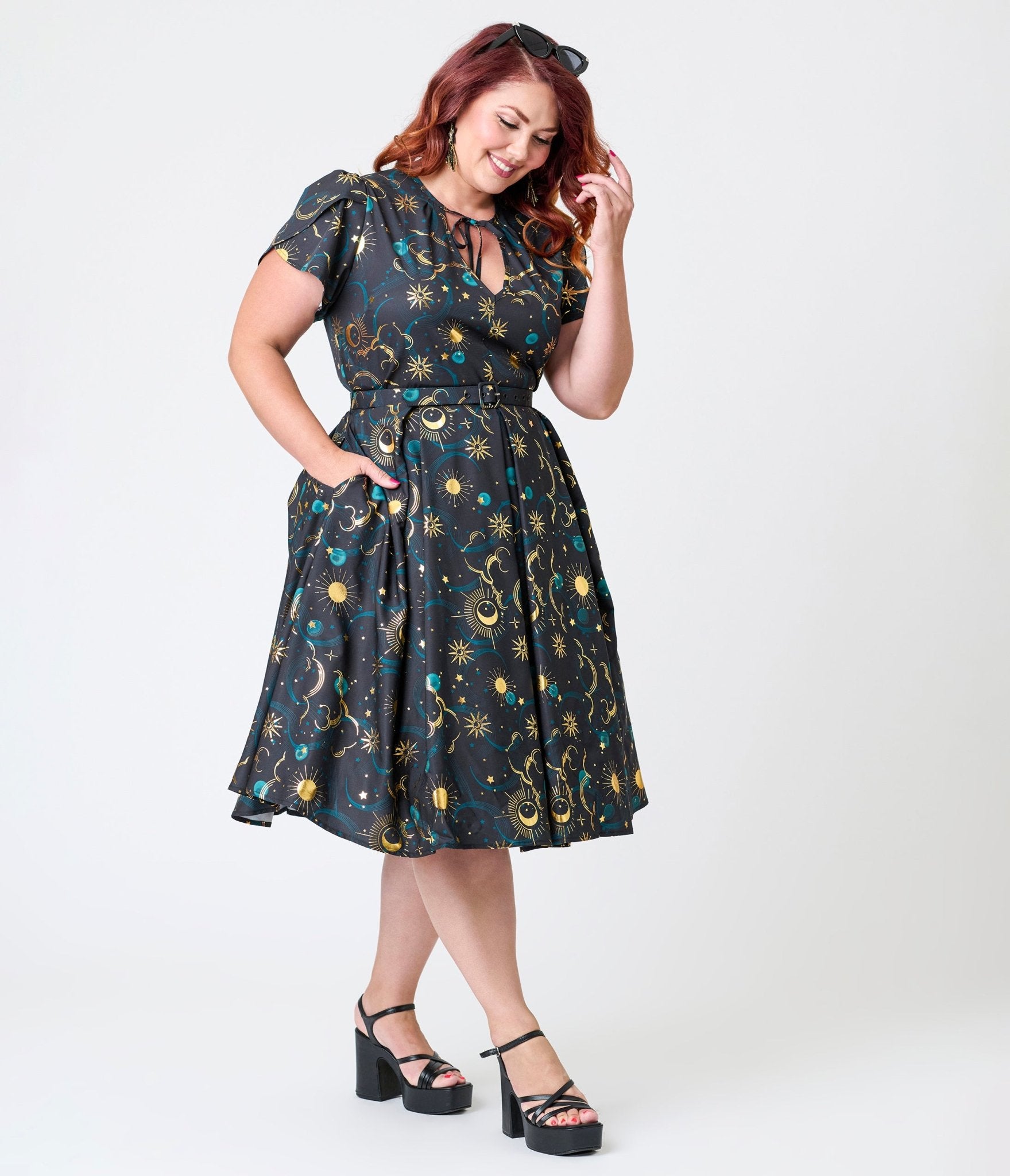 Unique Vintage Plus Size Gold Foil Celestial Dahlia Swing Dress - Unique Vintage - Womens, DRESSES, SWING