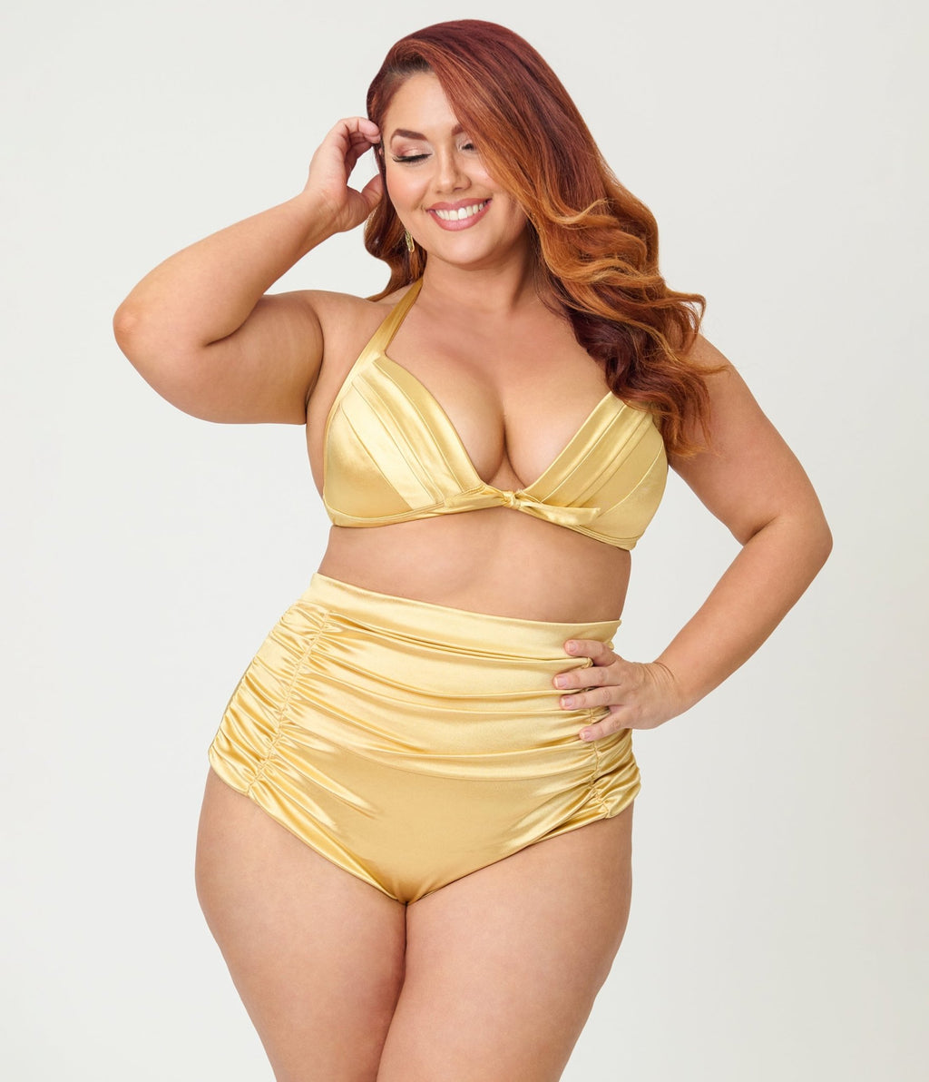 Unique Vintage Plus Size Gold Shimmer Monroe Halter Swim Top - Unique Vintage - Womens, SWIM, TOP