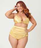 Unique Vintage Plus Size Gold Shimmer Monroe Halter Swim Top - Unique Vintage - Womens, SWIM, TOP