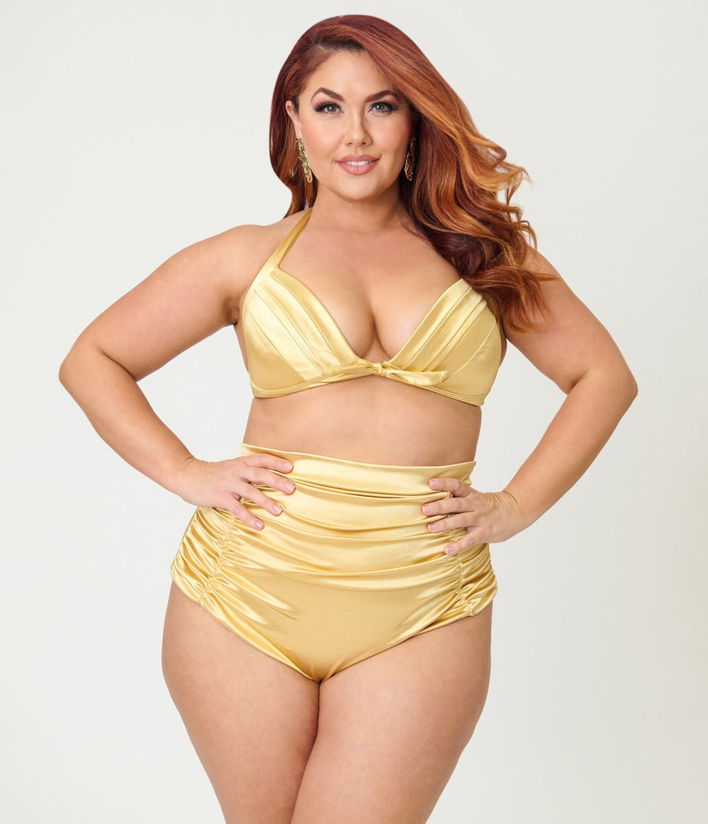 Unique Vintage Plus Size Gold Shimmer Monroe Halter Swim Top - Unique Vintage - Womens, SWIM, TOP